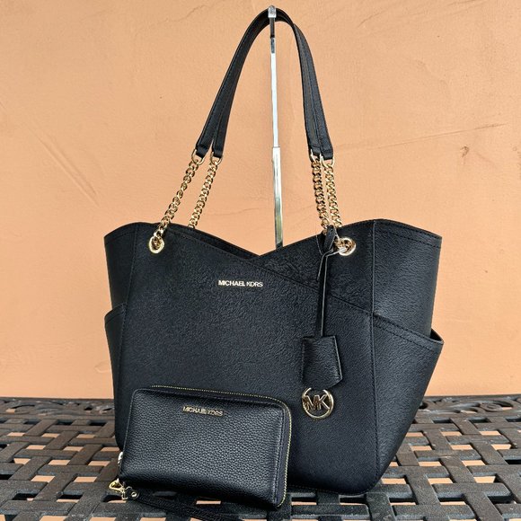 Michael Kors Jet Set Travel Large Chain Tote Bag + Wallet Black - Picture 3 of 14